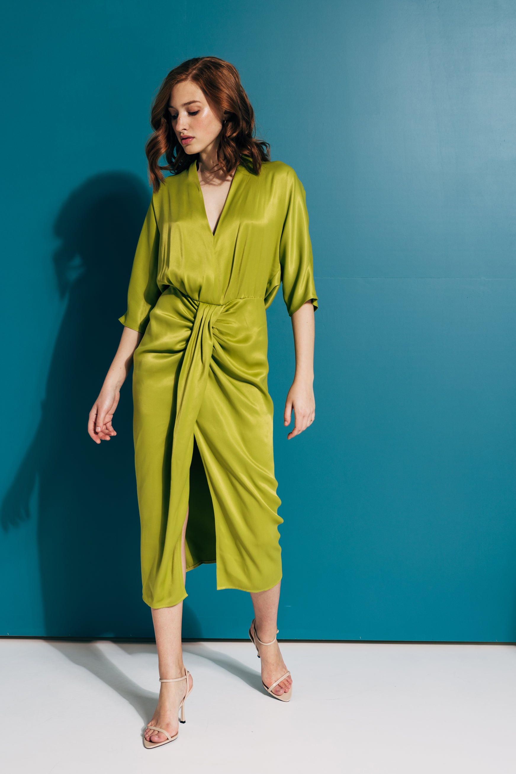 100% Viscose satin midi dress with front knot and slit