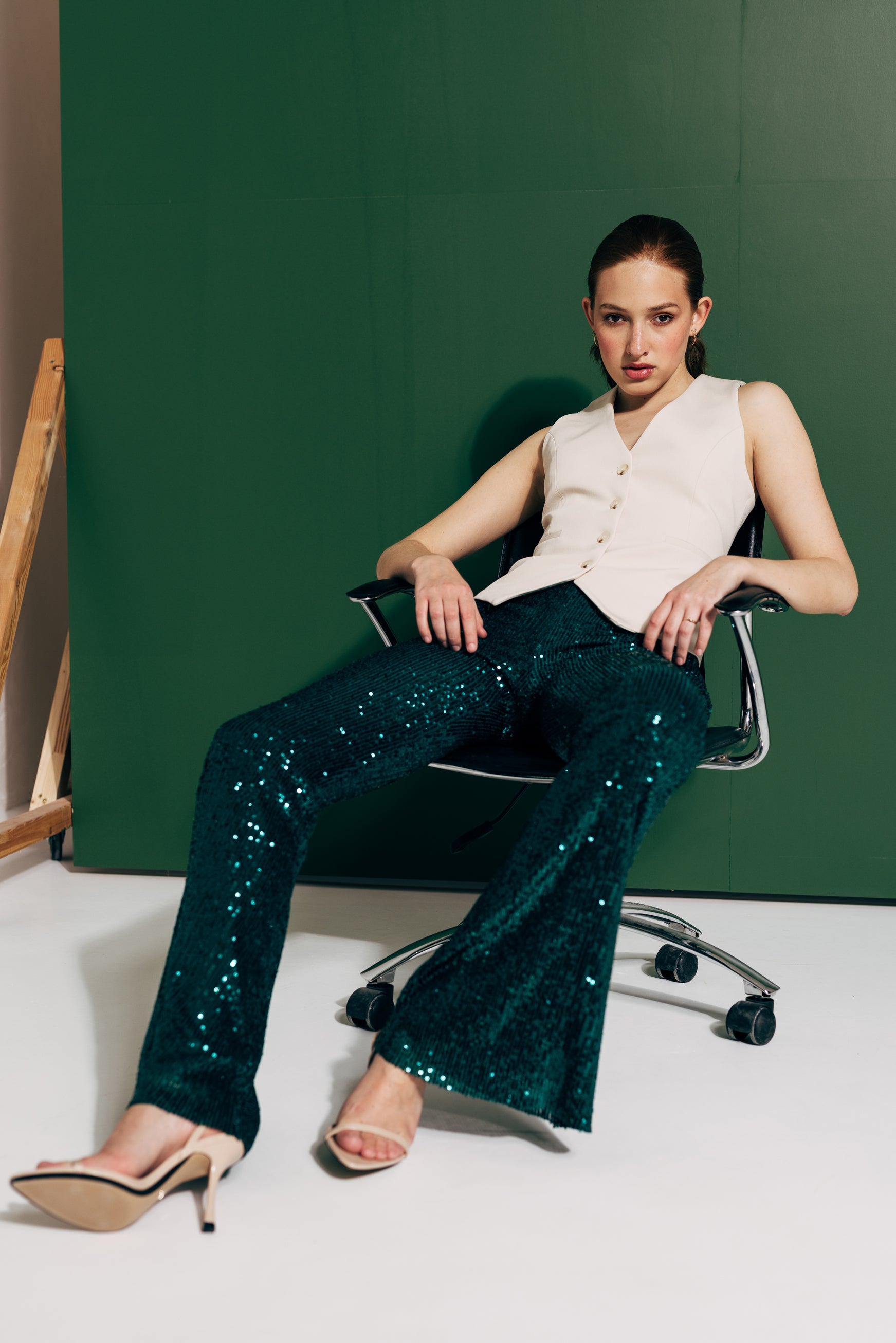 High-waist flared sequined trousers