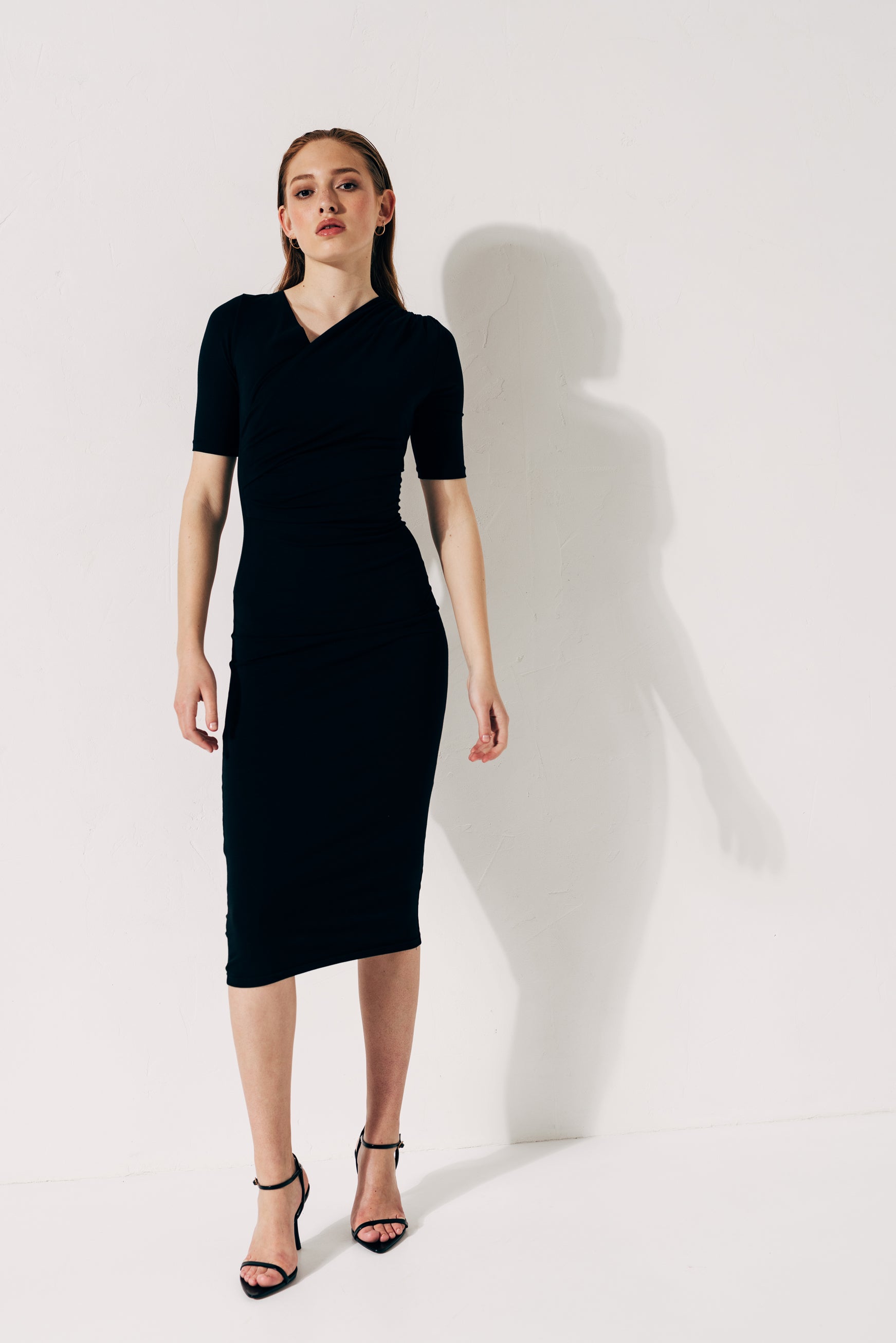 Side-draped midi dress with short sleeves