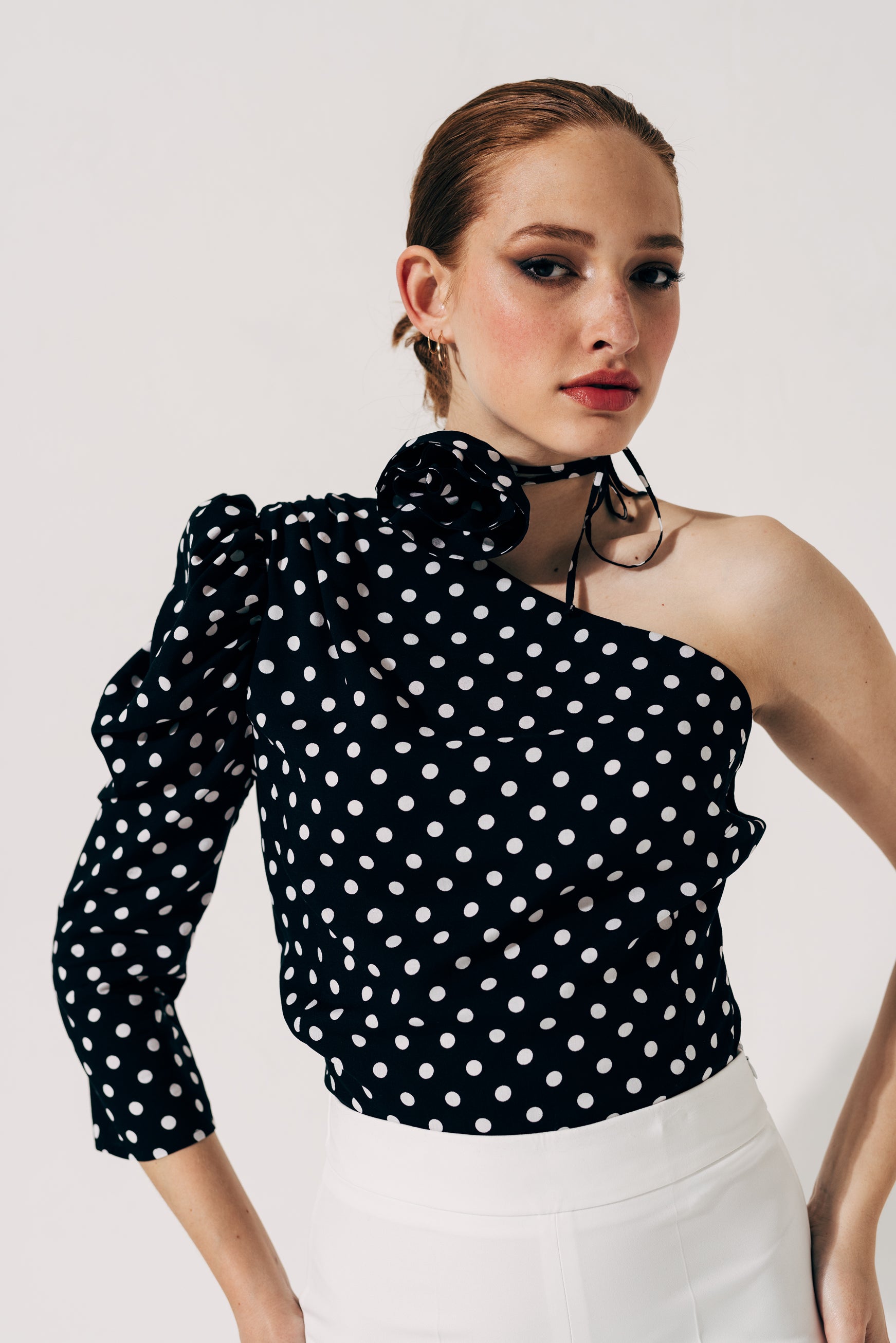 100% Viscose polka dot blouse with floral applique