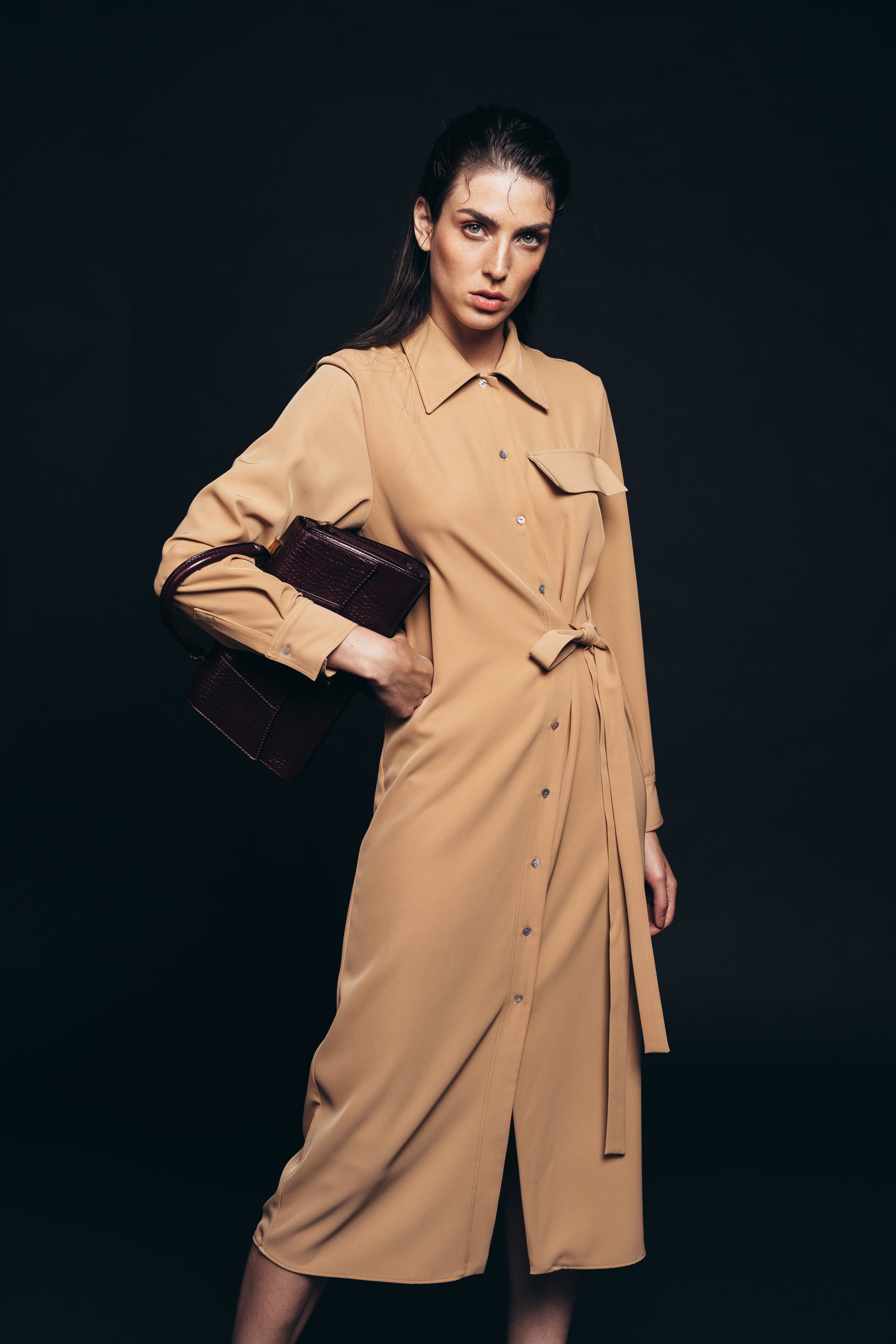 Wrap-style midi dress with long sleeves in camel