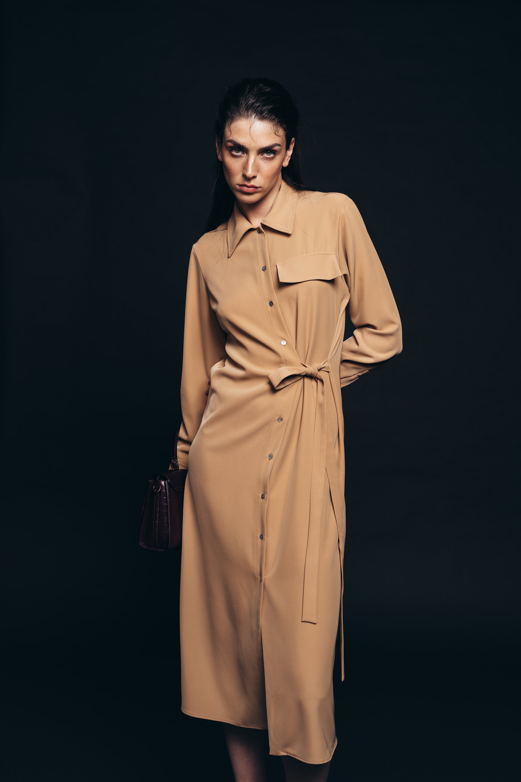 Wrap-style midi dress with long sleeves in camel